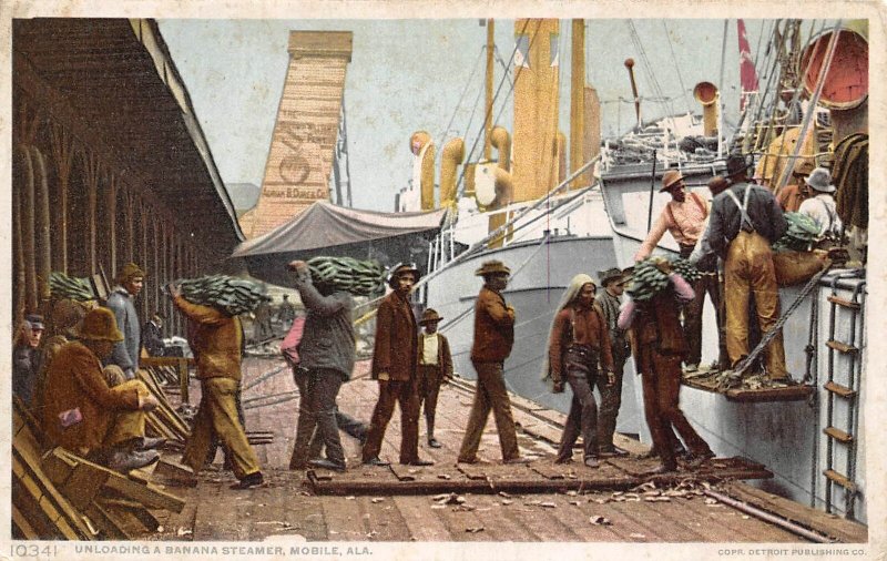 Unloading Banana Steamer African American Workers Mobile Alabama 1910c postcard