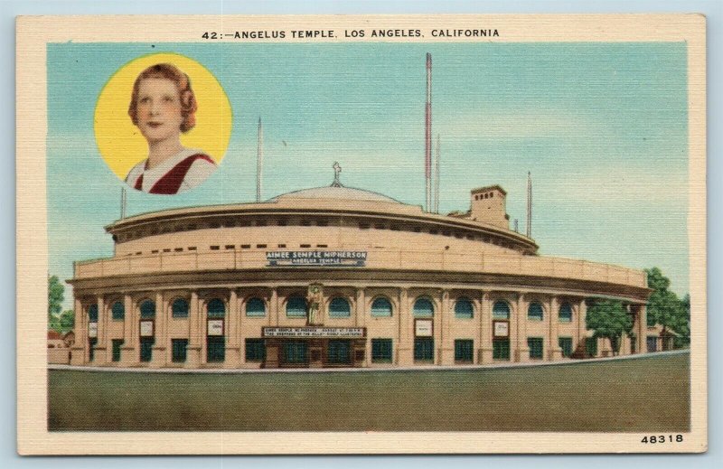 Postcard CA Los Angeles California Angelus Temple Church Sister Aimee Inset D10