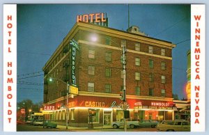 1960's WINNEMUCCA NEVADA HOTEL HUMBOLDT CASINO NEON SIGNS COFFEE SHOP POSTCARD