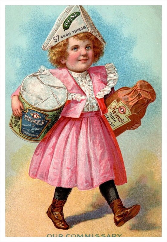 Heinz , Girl carring containers of Baked Beans, India Relish , paper hat