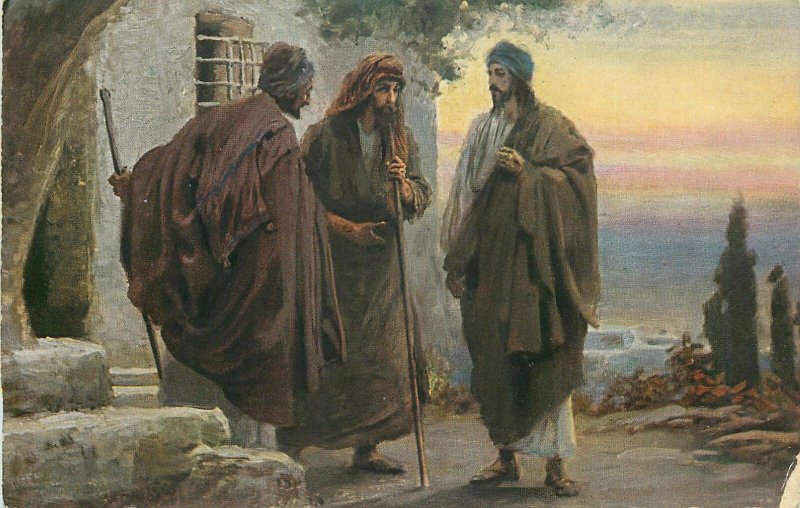Postcard religious art biblical scene Rob Leinweber Jesus&the men from Emaus
