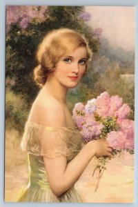 PRETTY GIRL with Lilac Flowers Dress by Albert Collings Russian New Postcard