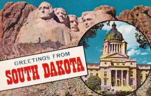 South Dakota Greetings Showing Mount Rushmore and State Capitol Building