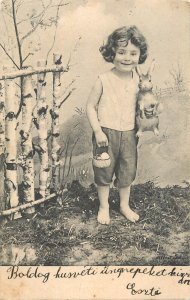 Easter greetings 1902 Hungary boy with rabbit scene