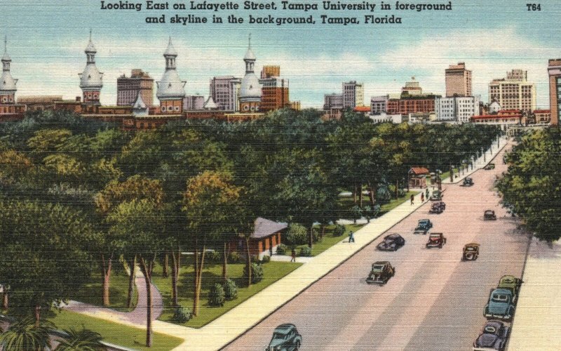 Vintage Postcard Looking East On Lafayette St. Tampa University Skyline Florida