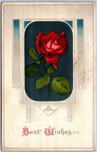 1912 Best Wishes Red Roses Flowers Inside Frame Greetings Posted Postcard