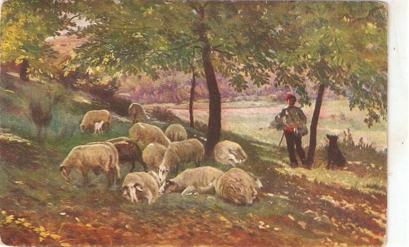 R. Lopez. Shepherd with his flock Fine painting, viontage Spanish PC