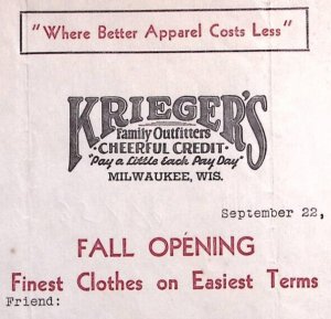 1938 KRIEGER'S FAMILY OUTFITTERS MILWAUKEE WISCONSIN ADVERTISING LETTERHEAD Z257