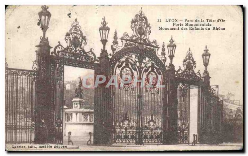 Old Postcard Lyon Park Tete d & # 39or Front Gate Landmarks children Rhone