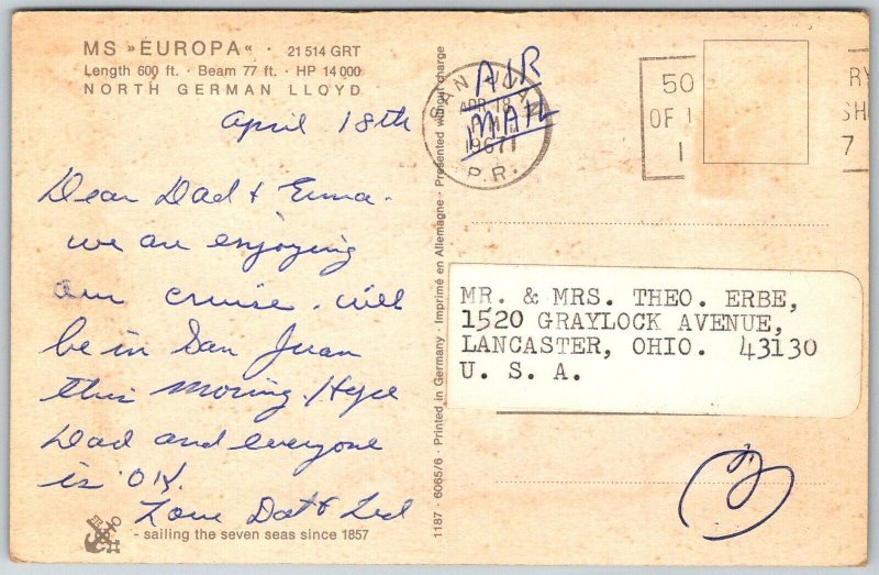 MS Europa North German Lloyd Steamship 1967 Postcard