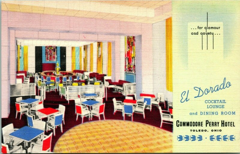 Vtg Linen Postcard Toledo Ohio Commodore Perry Hotel El Dorado Cocktail Lounge