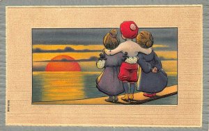 Boy Now Has Both Girls Enjoying Sunset  Artist Unknown Embossed Postcard