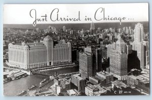 Chicago IL Postcard RPPC Photo Just Arrived In Chicago Birds Eye View c1930's