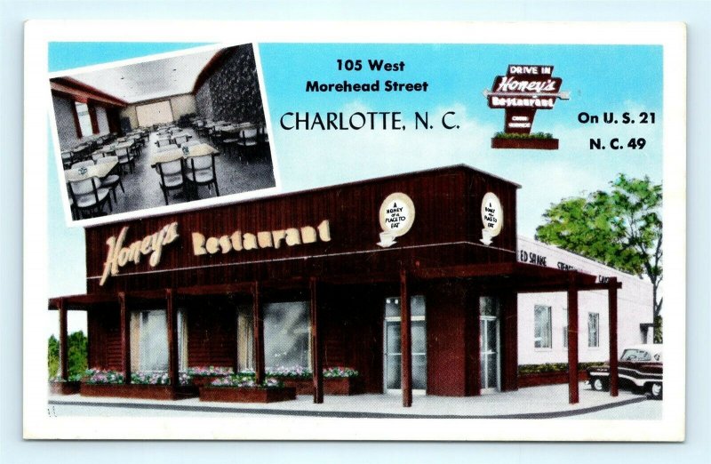 Postcard NC Charlotte Honey's Drive In Restaurant c1950s R71