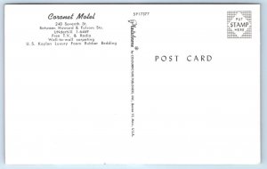 SAN FRANCISCO, California CA ~ Roadside CORONET MOTEL Night Neon c1960s Postcard