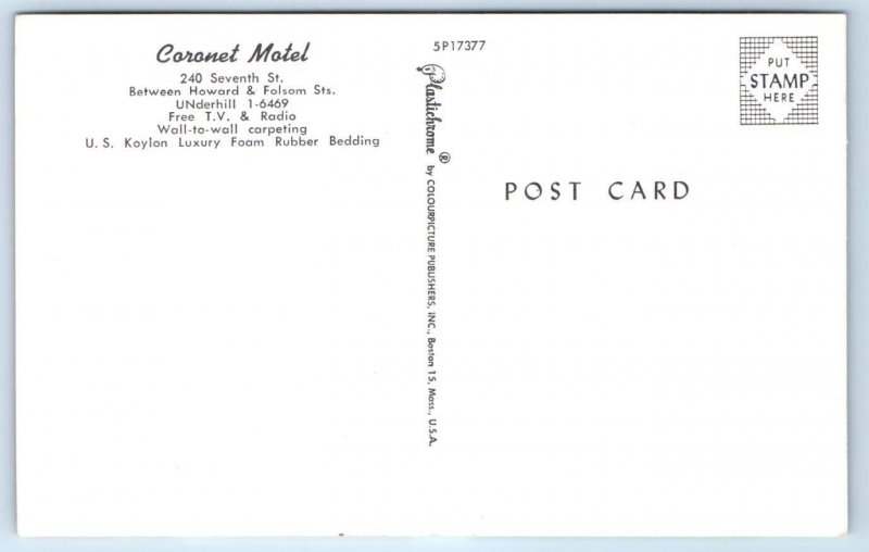 SAN FRANCISCO, California CA ~ Roadside CORONET MOTEL Night Neon c1960s Postcard