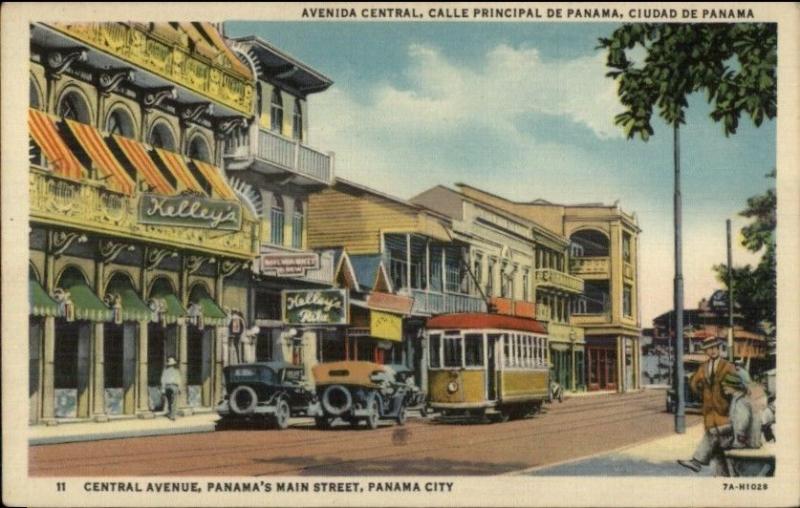 Panama City Street Scene Trolley Linen Postcard