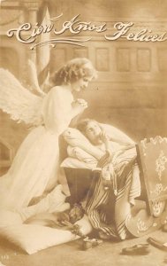 RPPC Cien Años Felices Angel & Girl New Year Greetings c1910s Vintage Postcard