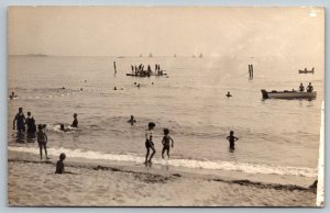 RPPC  Early Beach Swimming Fishing Boats Real Photo Postcard c1918