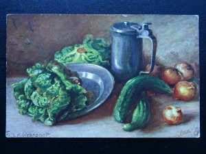 GEMUSE-STILLEBEN Vegetables Cucumbers Onions Pewter 1914 by Raphael Tuck 848