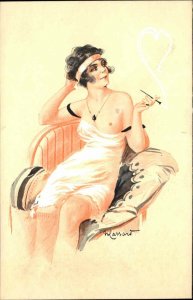 Nude - Sexy Woman Smoking Cigarette Lingerie LASSARD c1910 Postcard