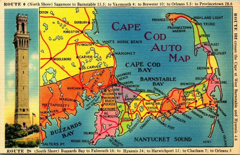 Cape Cod Auto Map Massachusetts MA Driving Distances UNP Linen Postcard C3 