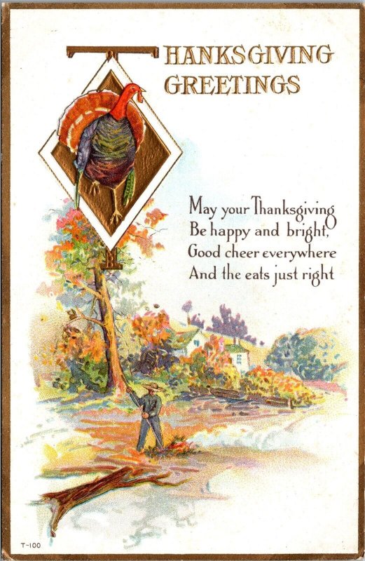 Vtg Thanksgiving Greetings Turkey Gold Gilt Embossed 1910s Postcard