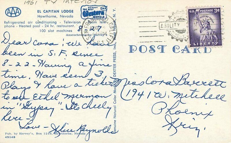 Dexter El Capitan Lodge roadside Hawthorne Nevada roadside Postcard 20-11793