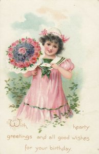 Girl with flowers, Birthday GREETINGS, 1900-1910s ; TUCK
