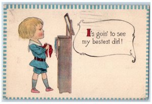 1918 Valentine Little Girl Facing Mirror Ribbon Joliet Illinois IL Postcard