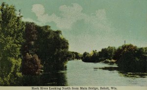 C.1910 Rock River Looking North fro Main Bridge, Beloit, WI Vintage Postcard P53 
