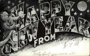 New Year Large Letter Man in the Moon Beautiful Women c1910 Vintage Postcard