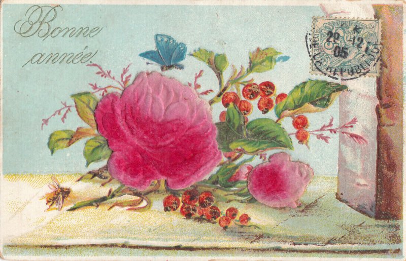 Velvet material rose floral greetings postcard bee & butterfly 1905 France 