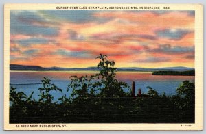 Vermont~Sunset Over Lake Champlain Near Burlington~PM 1941~Vtg Linen Postcard