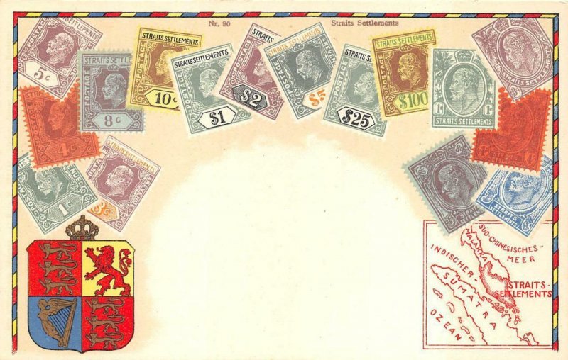 STRAIGHTS SETTLEMENTS ASIA STAMPS MAP PATRIOTIC POSTCARD (c. 1910)