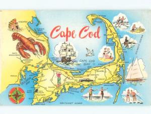 Pre-1980 CAPE COD TOUR MAP ON POSTCARD Provincetown & Eastham & Harwich MA E9181