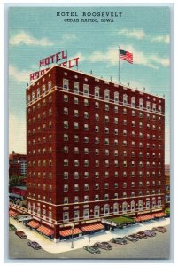 Cedar Rapids Iowa IA Postcard Hotel Roosevelt Building Exterior c1940's Cars