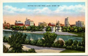 Postcard OH Dayton Skyline From Miami River LINEN 1940s F16