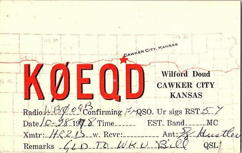 QSL Radio Card From Cawker City Kansas K0EQD 