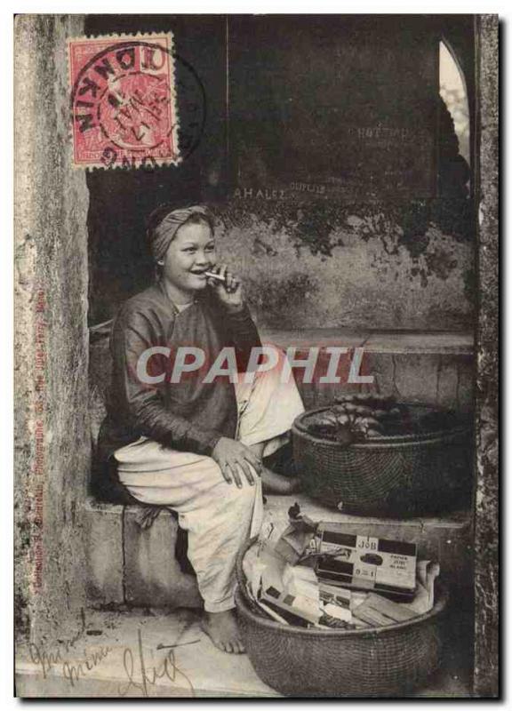 Postcard Old Tobacco Foklore Indochina Small tobacco market has the & # 39ent...