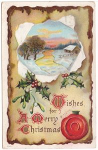 Wishes For A Merry Christmas, Rural Scene, Holly, 1913 Postcard, Flag Cancel