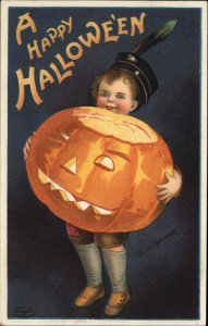 Halloween Little Boy w/ Huge JOL Ellen Clapsaddle c1910 Postcard EXC COND