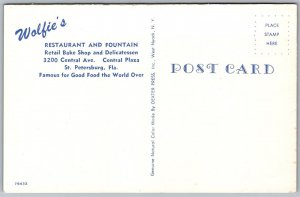 Vtg St Petersburg Florida FL Wolfie's Restaurant & Fountain Interior Postcard