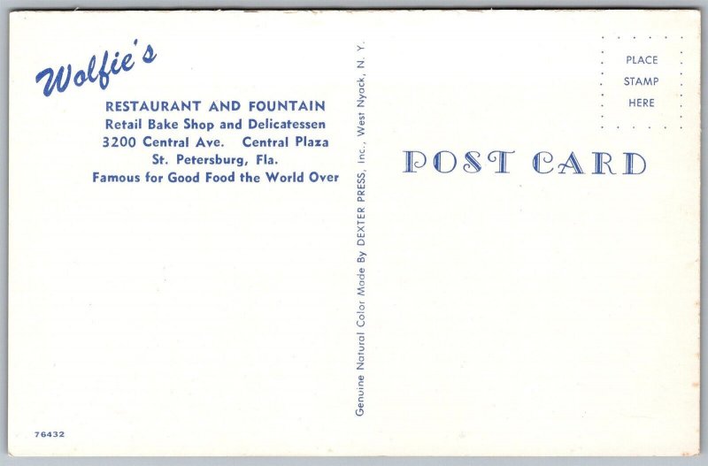 Vtg St Petersburg Florida FL Wolfie's Restaurant & Fountain Interior Postcard