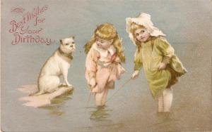 \Little girls fishing. Dog watching\ Antique English Postcar