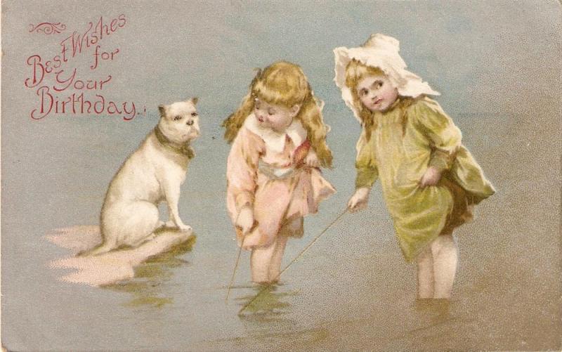 \Little girls fishing. Dog watching\ Antique English Postcar