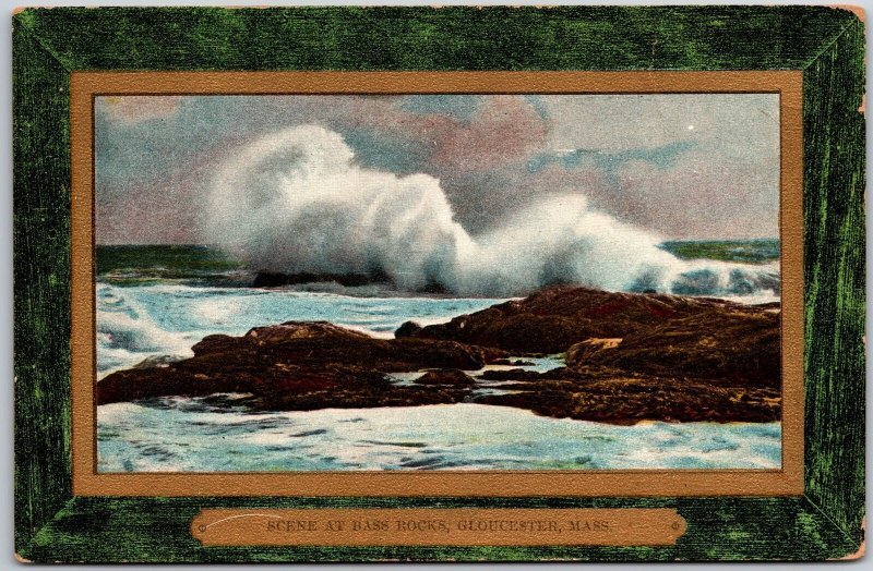 Scene At The Bass Rocks Gloucester Massachusetts MA Rocks Surf Bordered Postcard