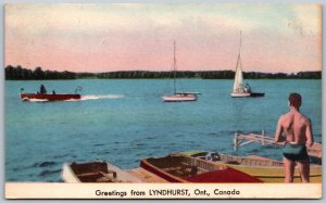 Postcard c1958 Greetings From Lyndhurst Ontario Scenic Boats