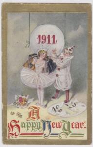 Happy New Year 1911 Ballerina & Jester Postcard