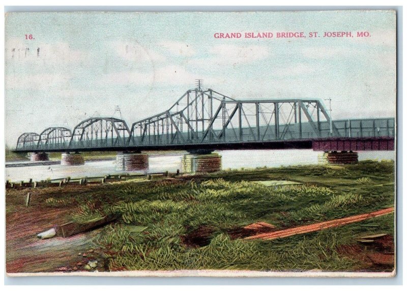 1914 Grand Island Truss Bridge River Lake Side St. Joseph Missouri MO Postcard